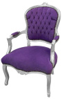 Fauteuil baroque de style Louis XV mauve et bois argent