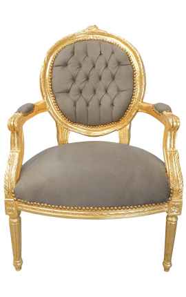 Baroque armchair Louis XVI style taupe velvet and gold wood