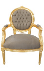 Baroque armchair Louis XVI style medallion taupe fabric and gold wood.