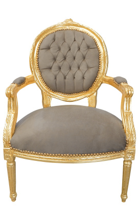 Poltrona barocca Louis XVI Velvet stile taupet e legno d'oro - 1