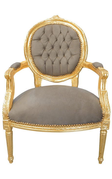 Baroka krēsla Luija XVI stila medaljona taupe audums un zelta koks.
