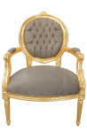 Barokní křeslo Louis XVI Styl taupe samet a zlaté dřevo - 1