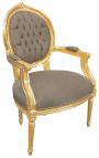Barokke fauteuil Lodewijk XVI-stijl medaillon taupe stof en goud hout.