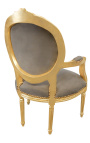 Baroque armchair Louis XVI style medallion taupe texture and gold wood.
