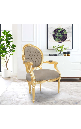 Sillón barroco Luís XVI de estilo medallón taupe tela y madera de oro.