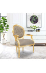 Baroque armchair Louis XVI style medallion taupe texture and gold wood.