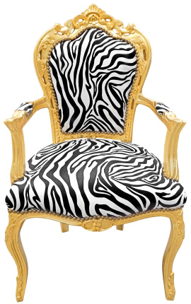 Fotoliu stil baroc rococo țesătură imprimată zebră și lemn auriu