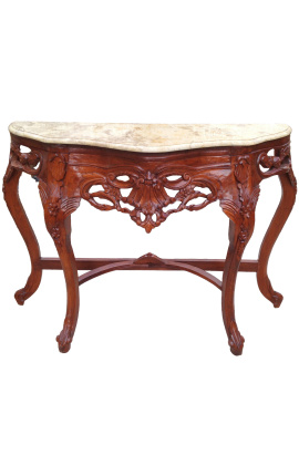 Console de style baroque bois teinté acajou et marbre beige