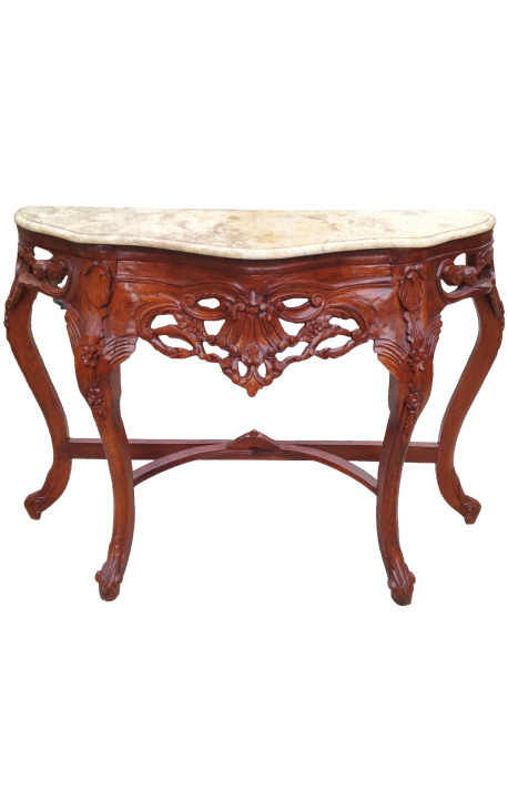 Console de estilo barroco com madeira de cereja e mármore bege