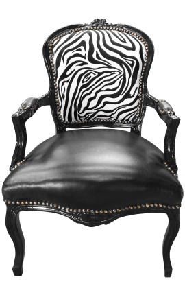 Luija XV stila zebra un melna ādas baroka krēsls ar spīdīgu melnu koku