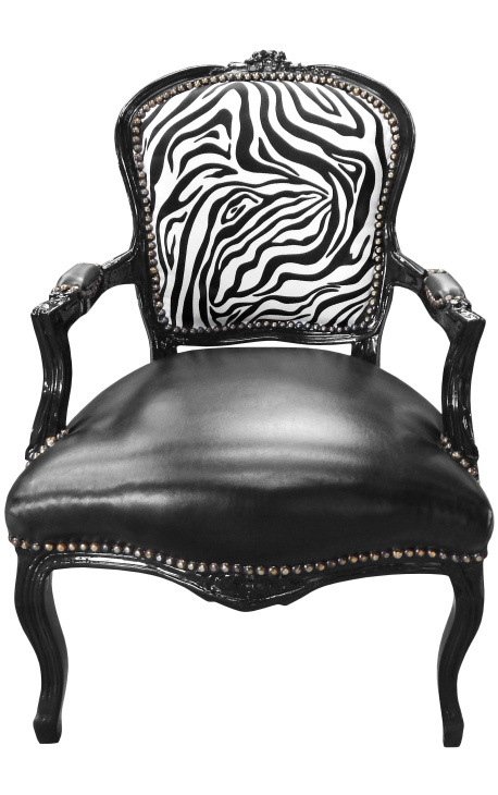 Baroque armchair of Louis XV style zebra and black leatherette with glossy black wood
