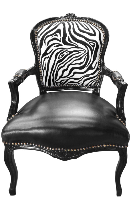 Sillón barroco de estilo Louis XV cebra y piel negra con madera negra brillante