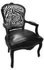 Luija XV stila zebra un melna ādas baroka krēsls ar spīdīgu melnu koku