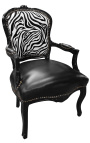 Baroque armchair of Louis XV style zebra and black leatherette with glossy black wood