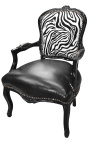 Baroque armchair of Louis XV style zebra and black leatherette with glossy black wood