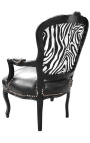 Baroque armchair of Louis XV style zebra and black leatherette with glossy black wood