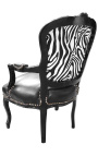 Poltrona barroca estilo Louis XV couro sintético preto e zebra e madeira preta