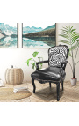 Baroque armchair of Louis XV style zebra and black leatherette with glossy black wood