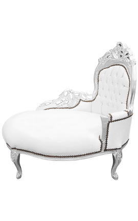 Méridienne baroque tissu simili cuir blanc et bois argent