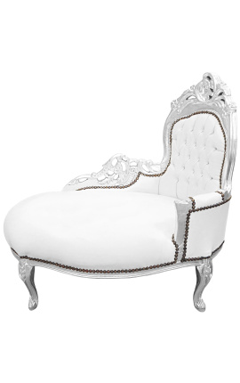 Chaise longue barroca tela imitación cuero blanco y madera plata