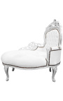 Méridienne baroque tissu simili cuir blanc et bois argent