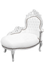 Méridienne baroque tissu simili cuir blanc et bois argent