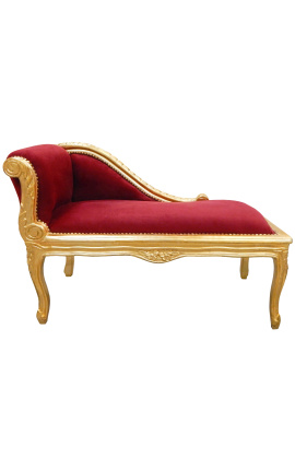 Chaise longue estilo Luís XV em tecido veludo vermelho Bordeaux e madeira dourada
