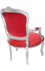 Fauteuil baroque de style Louis XV rouge et bois argent