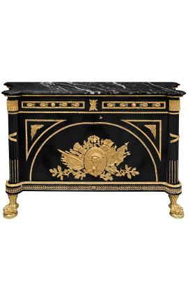 Grande comodino in stile Impero francese nero lucido con marmo nero
