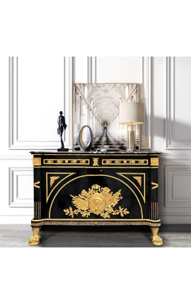 Enorme buffet de style Empire noir avec bronzes dorés et marbre noir