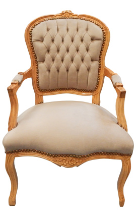 Luija XV stila taupe samta un dabīgā koka krāsas krēsls
