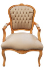 Armchair of Louis XV style taupe velvet and natural wood color
