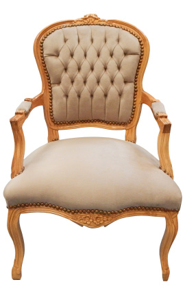 Fauteuil in Louis XV-stijl taupe fluweel en natuurlijke houtkleur