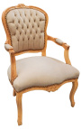 Armchair of Louis XV style taupe velvet and natural wood color