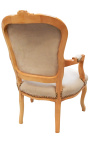 Fauteuil de style Louis XV velours taupe et bois naturel