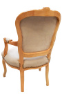 Fauteuil de style Louis XV velours taupe et bois naturel