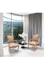 Armchair of Louis XV style taupe velvet and natural wood color