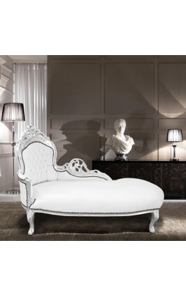 Chaise longue barroca gran en teixit d&#039;imitació de pell blanca i fusta platejada