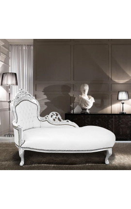 Grande chaise longue barocca in tessuto ecopelle bianco e legno argento