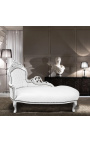 Grande chaise longue barocca in tessuto ecopelle bianco e legno argento