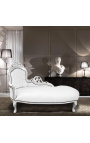 Large baroque chaise longue white leatherette and silver wood