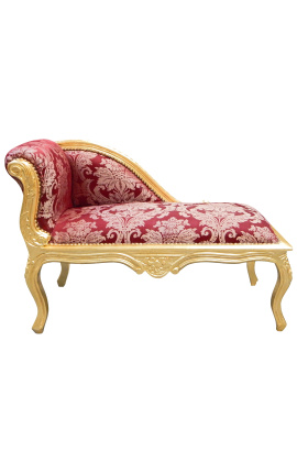 Chaise longue tela de satén rojo de estilo Luis XV con motivos "Gobelins" y madera dorada