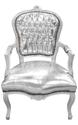 Μπαρόκ πολυθρόνα σε στυλ Louis XV ασημί δερματίνη και ασημί ξύλο