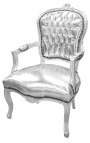 Baročni fotelj v stilu Louis XV srebrno usnje in srebrn les