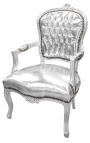 Fauteuil baroque de style Louis XV simili cuir argent et bois argent