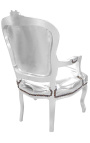 Barocker Sessel im Stil Louis XV aus silbernem Kunstleder und silbernem Holz