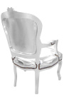 Fauteuil baroque de style Louis XV simili cuir argent et bois argent