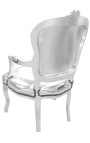 Baroque armchair of style Louis XV silver faux leather and silver wood