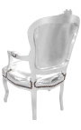 Fauteuil baroque de style Louis XV simili cuir argent et bois argent