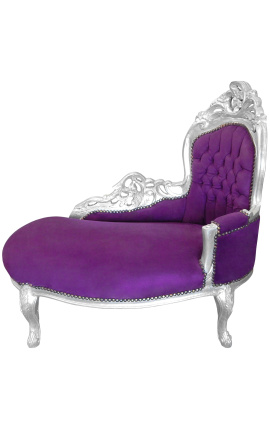 Barokinis šezlongas violetinis aksomas su sidabro mediena
